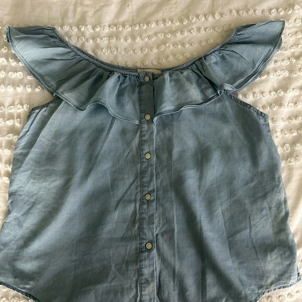 LOFT Light Blue Ruffle Blouse - Picture 2 of 4